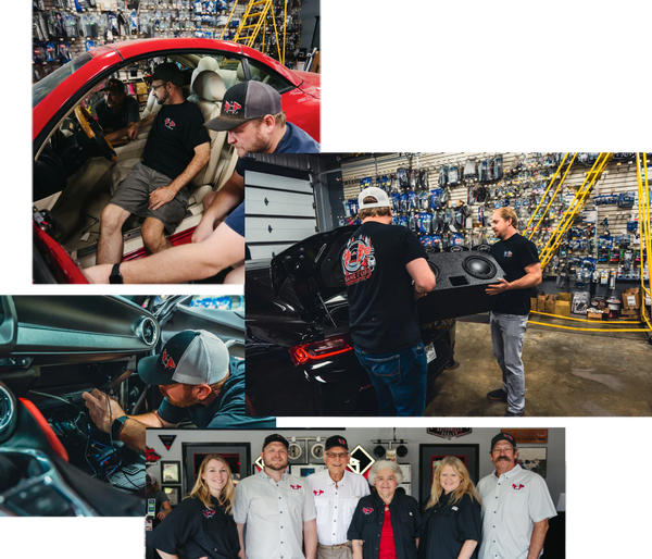 A collage from an auto shop featuring car upgrades, speaker installation, interior modification, and the shop's team.