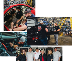 A collage from an auto shop featuring car upgrades, speaker installation, interior modification, and the shop's team.